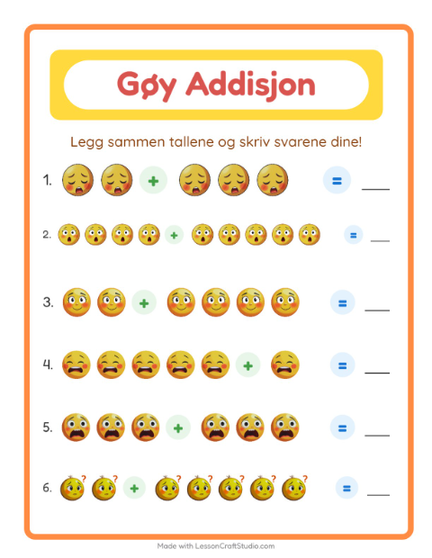 Forhåndsvisning av Addisjon-arbeidsark med Følelser for Barnehage (5-7 år)