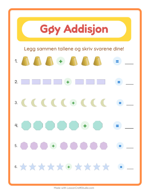 Forhåndsvisning av Addisjon-arbeidsark med Former for Barnehage (5-7 år)