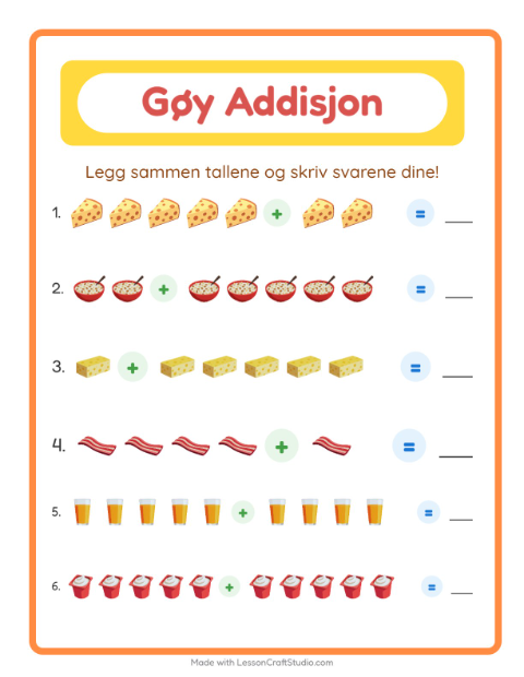 Forhåndsvisning av Addisjon-arbeidsark med Frokost for Barnehage (5-7 år)