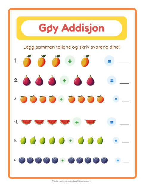 Forhåndsvisning av Addisjon-arbeidsark med Frukter for Barnehage (5-7 år)