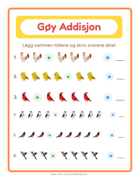 Forhåndsvisning av Addisjon-arbeidsark med Fugler 2 for Barnehage (5-7 år)