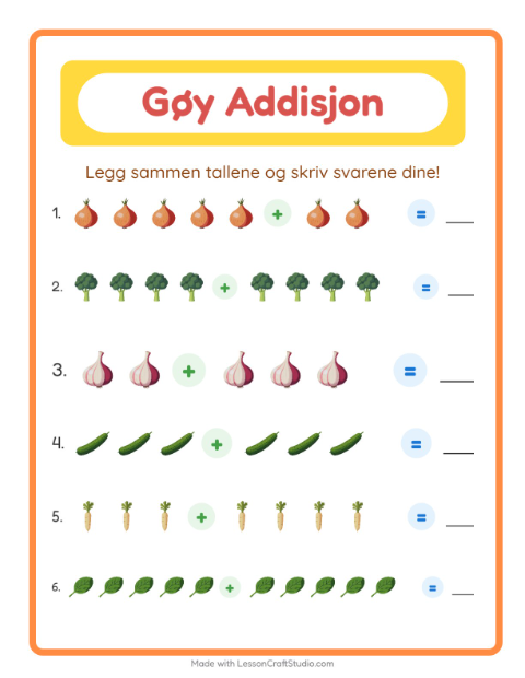 Forhåndsvisning av Addisjon-arbeidsark med Grønnsaker for Barnehage (5-7 år)