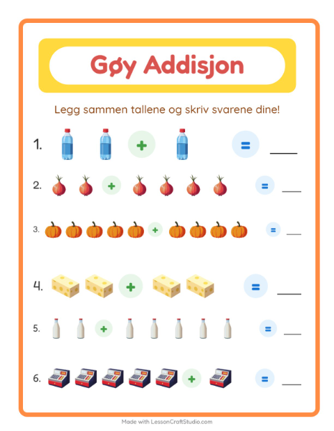 Forhåndsvisning av Addisjon-arbeidsark med I supermarkedet for Barnehage (5-7 år)