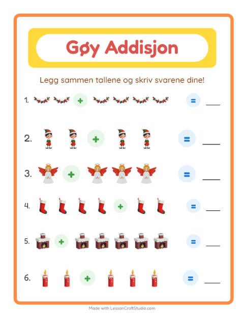 Forhåndsvisning av Addisjon-arbeidsark med Jul for Barnehage (5-7 år)