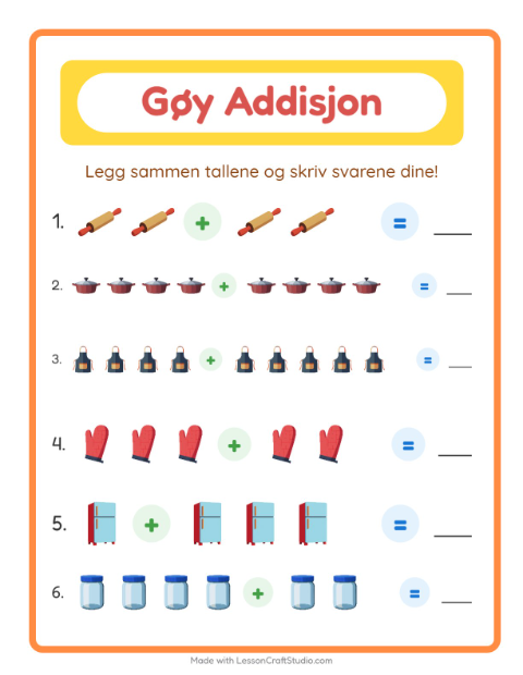 Forhåndsvisning av Addisjon-arbeidsark med Kjøkkenredskaper for Barnehage (5-7 år)