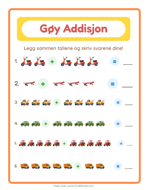 Forhåndsvisning av Addisjon-arbeidsark med Kjøretøy for Barnehage (5-7 år)