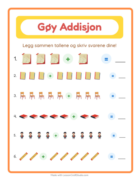 Forhåndsvisning av Addisjon-arbeidsark med Klasserom for Barnehage (5-7 år)
