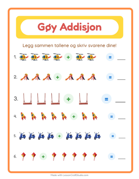 Forhåndsvisning av Addisjon-arbeidsark med Leker for Barnehage (5-7 år)