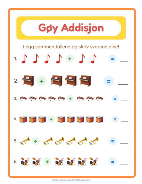 Forhåndsvisning av Addisjon-arbeidsark med Musikk for Barnehage (5-7 år)