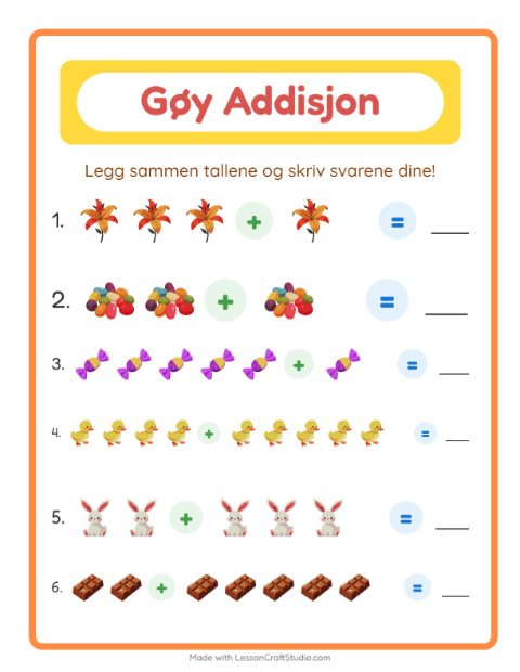 Forhåndsvisning av Addisjon-arbeidsark med Påske for Barnehage (5-7 år)