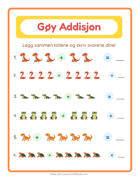 Forhåndsvisning av Addisjon-arbeidsark med Reptiler og amfibier for Barnehage (5-7 år)