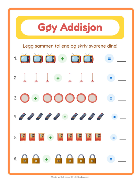 Forhåndsvisning av Addisjon-arbeidsark med Rundt i huset for Barnehage (5-7 år)