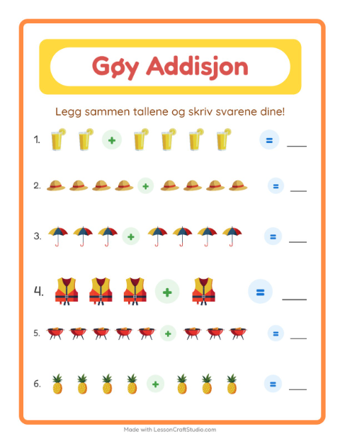 Forhåndsvisning av Addisjon-arbeidsark med Sommer for Barnehage (5-7 år)