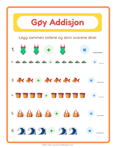 Forhåndsvisning av Addisjon-arbeidsark med Strand for Barnehage (5-7 år)