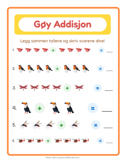 Forhåndsvisning av Addisjon-arbeidsark med Ting som flyr for Barnehage (5-7 år)