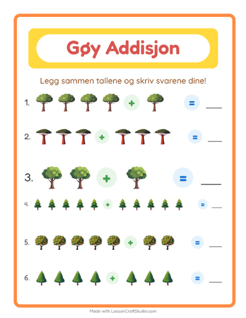 Forhåndsvisning av Addisjon-arbeidsark med Trær for Barnehage (5-7 år)
