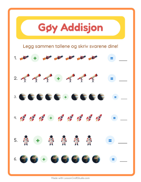 Forhåndsvisning av Addisjon-arbeidsark med Verdensrommet for Barnehage (5-7 år)