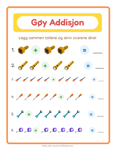 Forhåndsvisning av Addisjon-arbeidsark med Verktøy for Barnehage (5-7 år)
