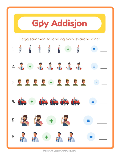 Forhåndsvisning av Addisjon-arbeidsark med Yrker for Barnehage (5-7 år)