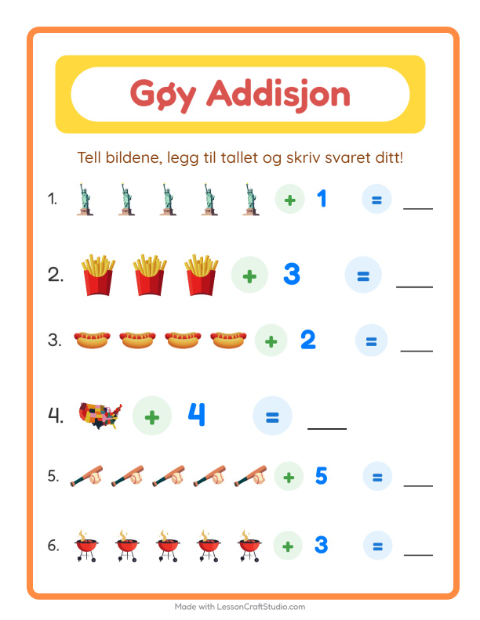 Forhåndsvisning av Addisjon-arbeidsark med 4. juli for Barnehage (5-7 år)