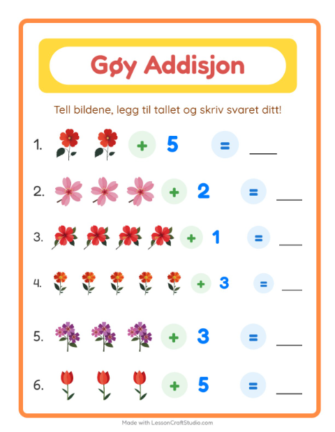 Forhåndsvisning av Addisjon-arbeidsark med Blomster for Barnehage (5-7 år)