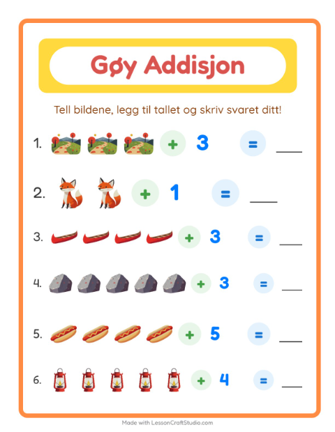 Forhåndsvisning av Addisjon-arbeidsark med Camping for Barnehage (5-7 år)