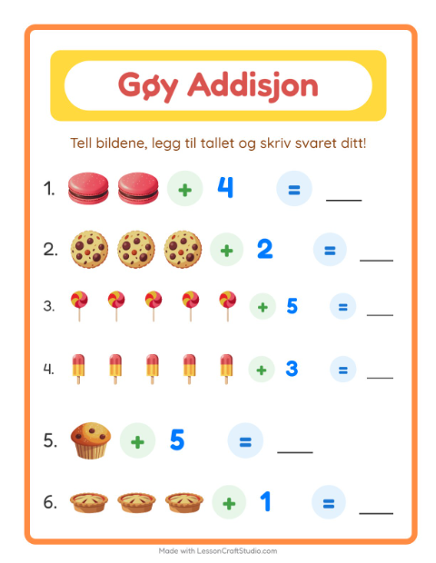 Forhåndsvisning av Addisjon-arbeidsark med Desserter og godteri for Barnehage (5-7 år)