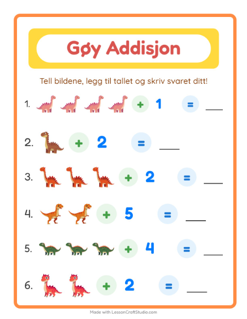 Forhåndsvisning av Addisjon-arbeidsark med Dinosaurer for Barnehage (5-7 år)