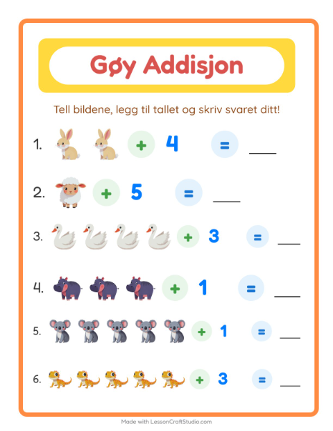 Forhåndsvisning av Addisjon-arbeidsark med Dyr for Barnehage (5-7 år)