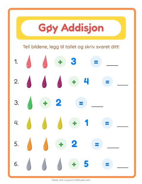 Forhåndsvisning av Addisjon-arbeidsark med Farger for Barnehage (5-7 år)