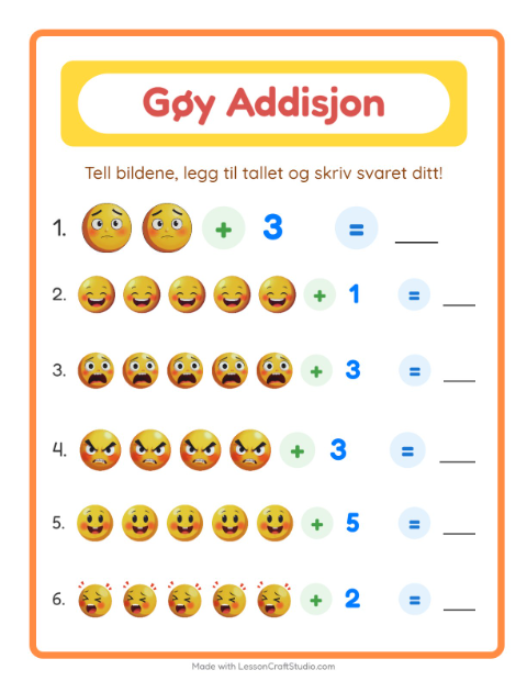 Forhåndsvisning av Addisjon-arbeidsark med Følelser for Barnehage (5-7 år)