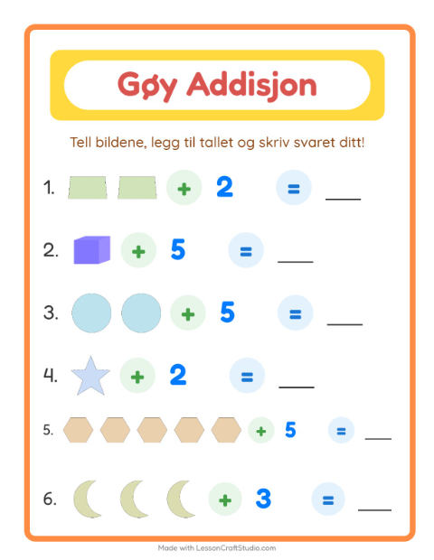 Forhåndsvisning av Addisjon-arbeidsark med Former for Barnehage (5-7 år)