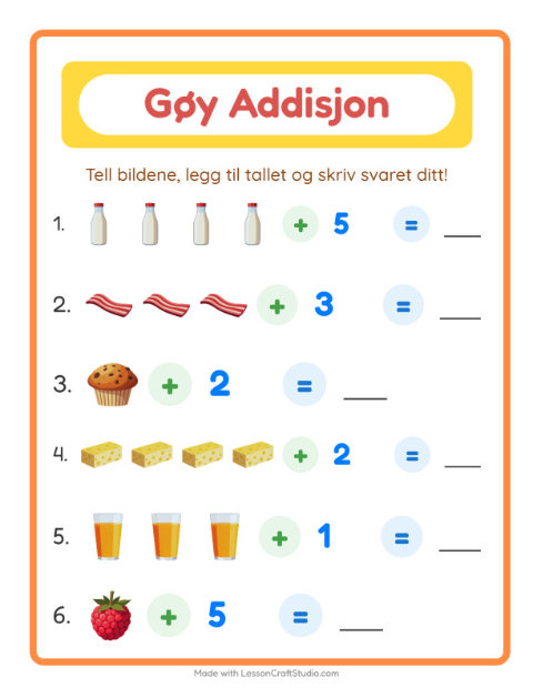 Forhåndsvisning av Addisjon-arbeidsark med Frokost for Barnehage (5-7 år)