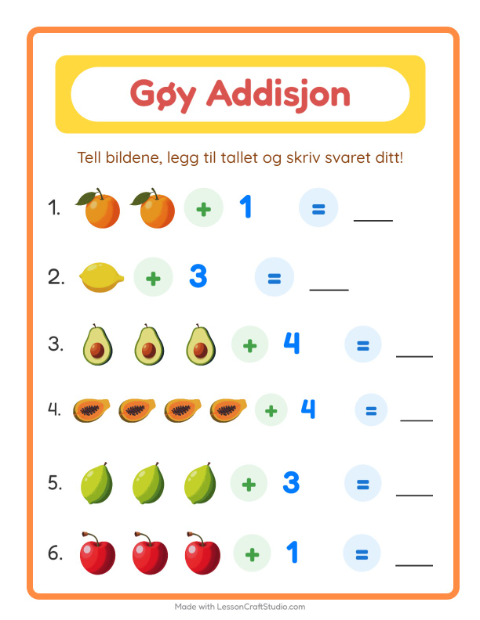 Forhåndsvisning av Addisjon-arbeidsark med Frukter for Barnehage (5-7 år)