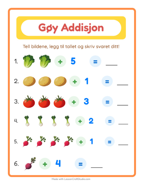Forhåndsvisning av Addisjon-arbeidsark med Grønnsaker for Barnehage (5-7 år)