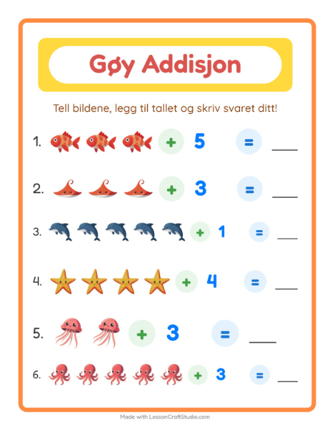 Forhåndsvisning av Addisjon-arbeidsark med Havliv for Barnehage (5-7 år)