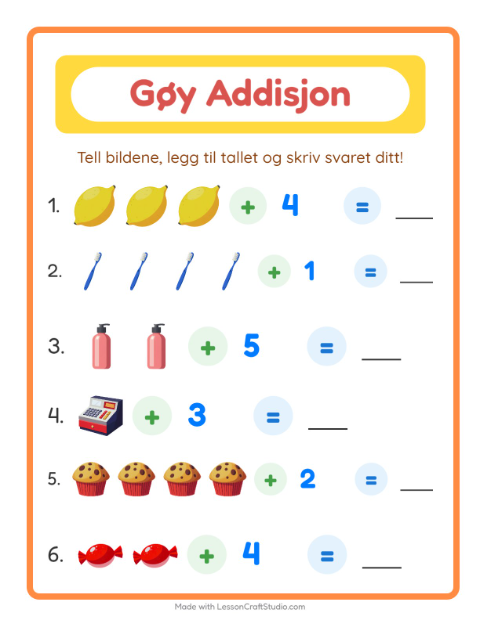 Forhåndsvisning av Addisjon-arbeidsark med I supermarkedet for Barnehage (5-7 år)