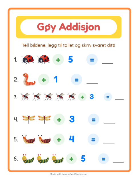 Forhåndsvisning av Addisjon-arbeidsark med Insekter og kryp for Barnehage (5-7 år)