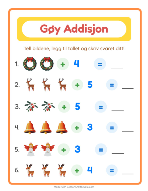 Forhåndsvisning av Addisjon-arbeidsark med Jul for Barnehage (5-7 år)