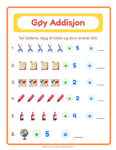 Forhåndsvisning av Addisjon-arbeidsark med Klasserom for Barnehage (5-7 år)