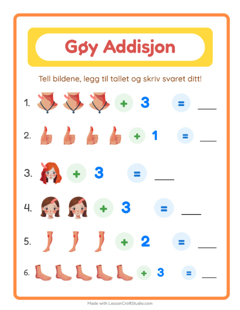 Forhåndsvisning av Addisjon-arbeidsark med Kroppsdeler for Barnehage (5-7 år)