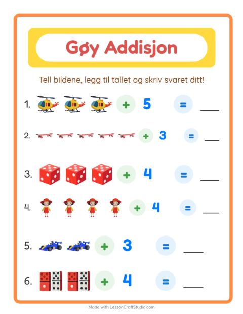 Forhåndsvisning av Addisjon-arbeidsark med Leker for Barnehage (5-7 år)