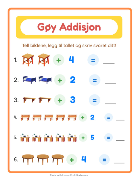 Forhåndsvisning av Addisjon-arbeidsark med Møbler for Barnehage (5-7 år)