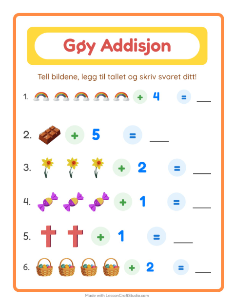 Forhåndsvisning av Addisjon-arbeidsark med Påske for Barnehage (5-7 år)