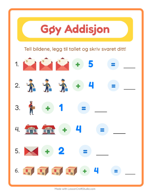 Forhåndsvisning av Addisjon-arbeidsark med Postkontor for Barnehage (5-7 år)