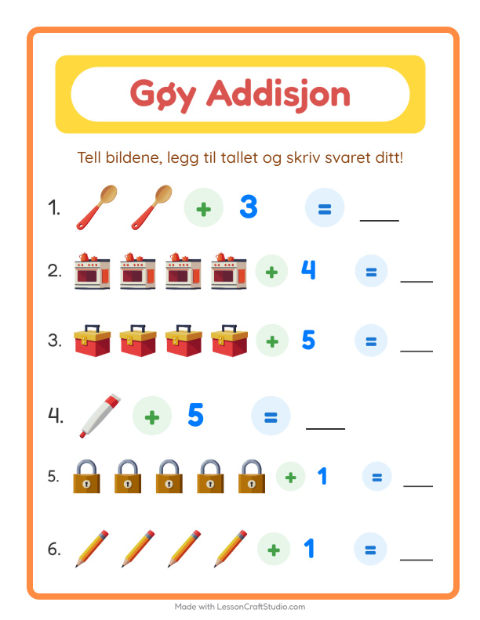 Forhåndsvisning av Addisjon-arbeidsark med Rundt i huset for Barnehage (5-7 år)