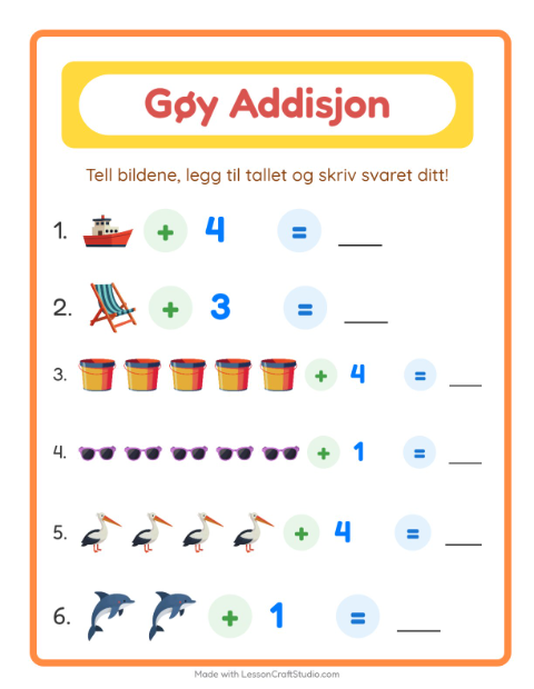 Forhåndsvisning av Addisjon-arbeidsark med Strand for Barnehage (5-7 år)