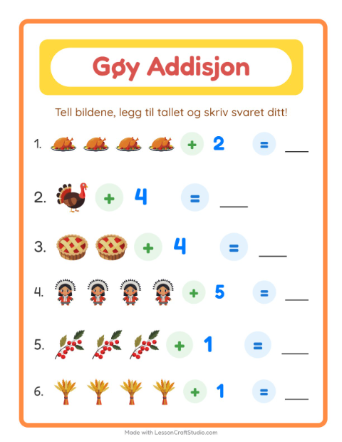 Forhåndsvisning av Addisjon-arbeidsark med Thanksgiving for Barnehage (5-7 år)