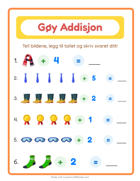Forhåndsvisning av Addisjon-arbeidsark med Tilbehør for Barnehage (5-7 år)