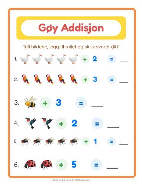 Forhåndsvisning av Addisjon-arbeidsark med Ting som flyr for Barnehage (5-7 år)